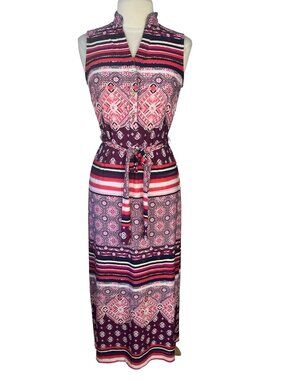 JM Collection Fair Isle Maxi Dress Sleeveless Size 4 Pink Purple New Belt